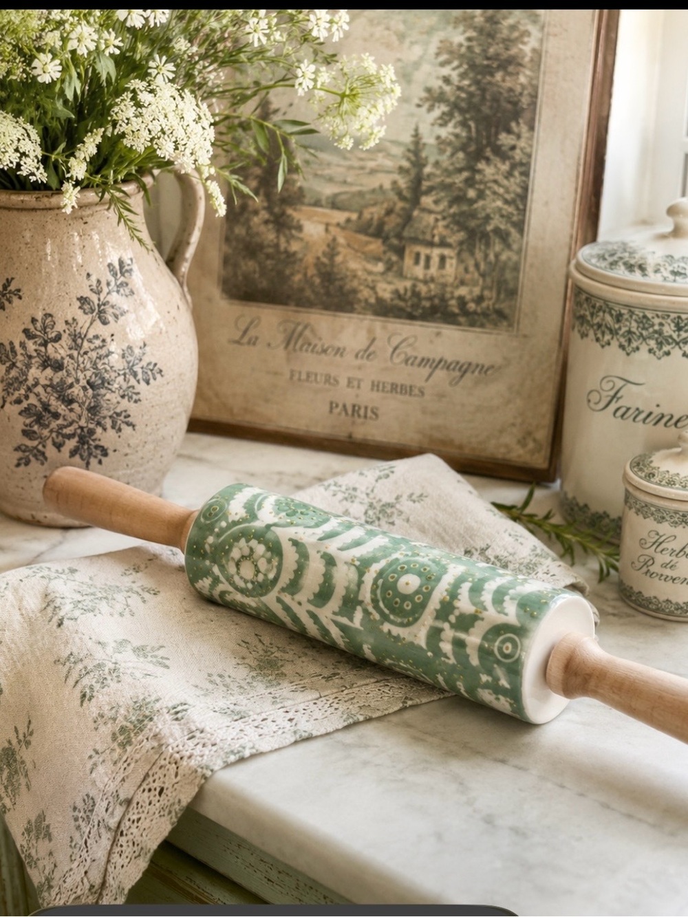 Anthropologie Brentanella Stoneware Rolling Pin. Handpainted | Discontinued